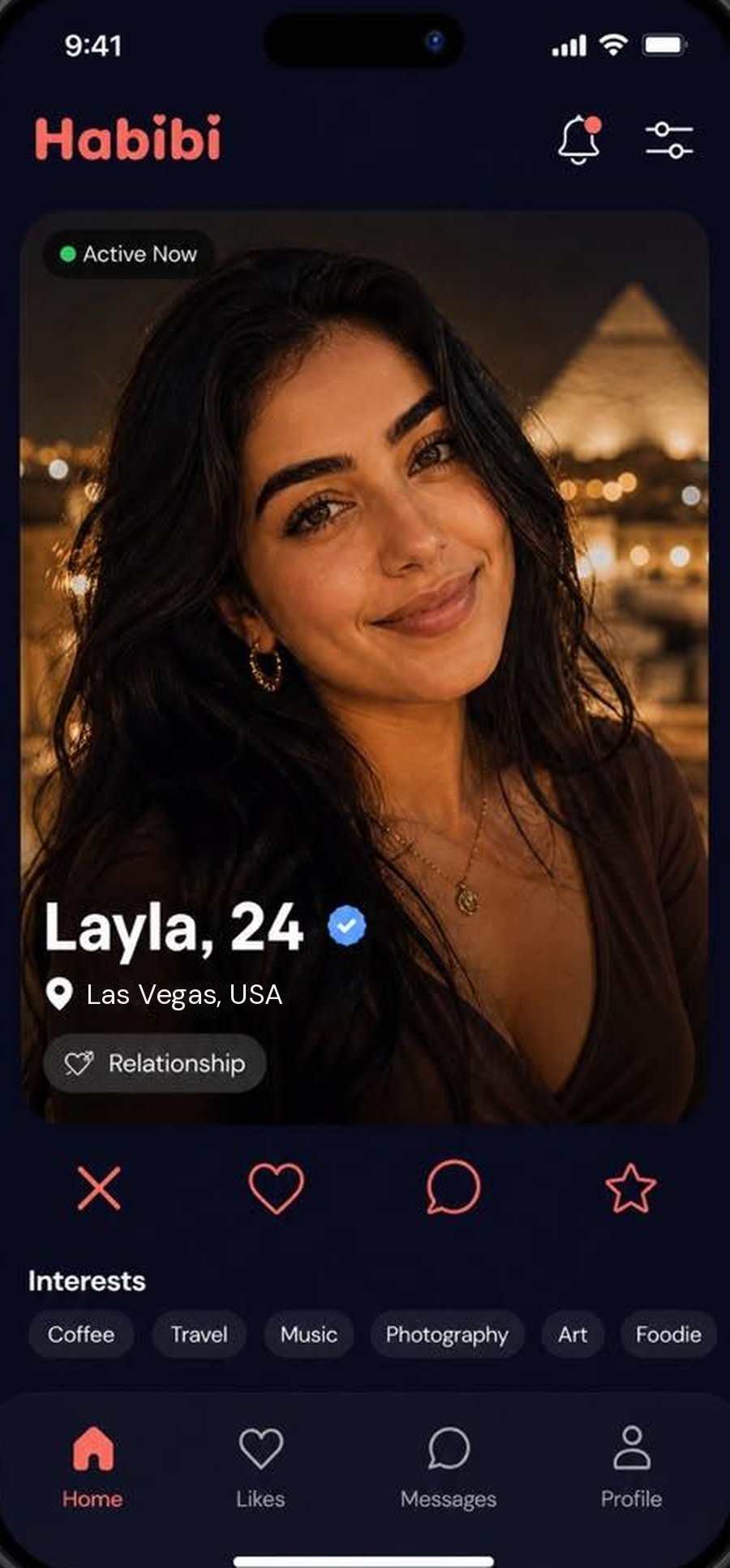 Habibi Discover screen with Layla's verified profile